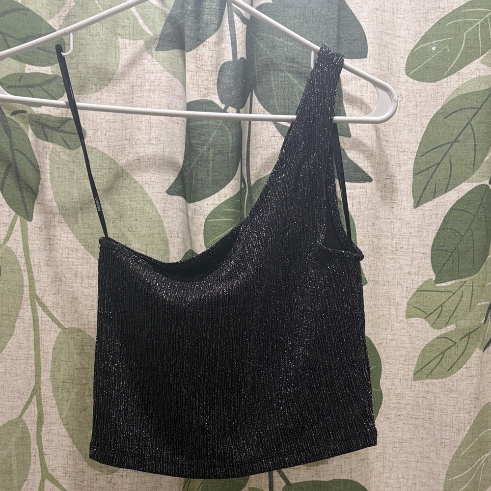 Forever 21 Black Shimmer One-Shoulder Crop Top